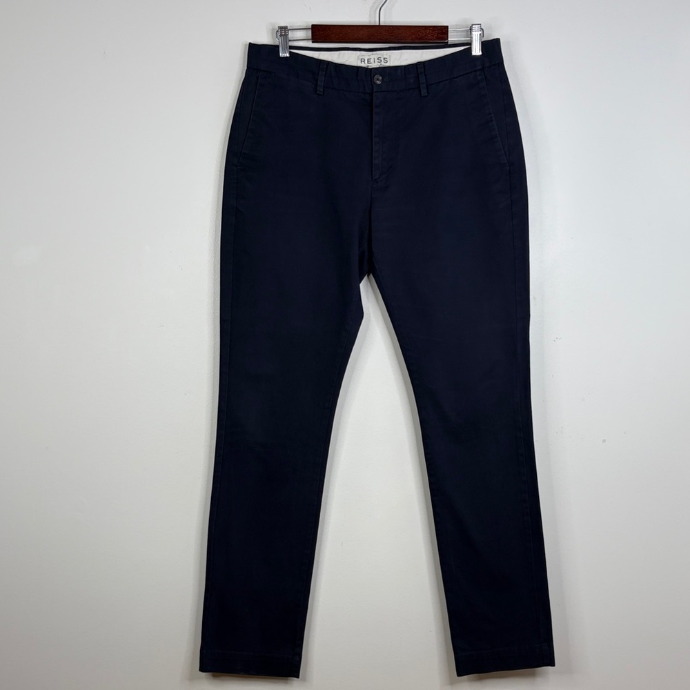 Reiss Pants Mens 32 x 33 Navy Blue Stretch Cotton Tapered Preppy Chino Wickham